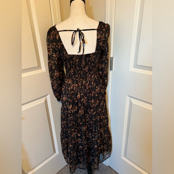 Floral Black and Brown Midi peasant long sleeve v neck Dress - Picture 5 of 8
